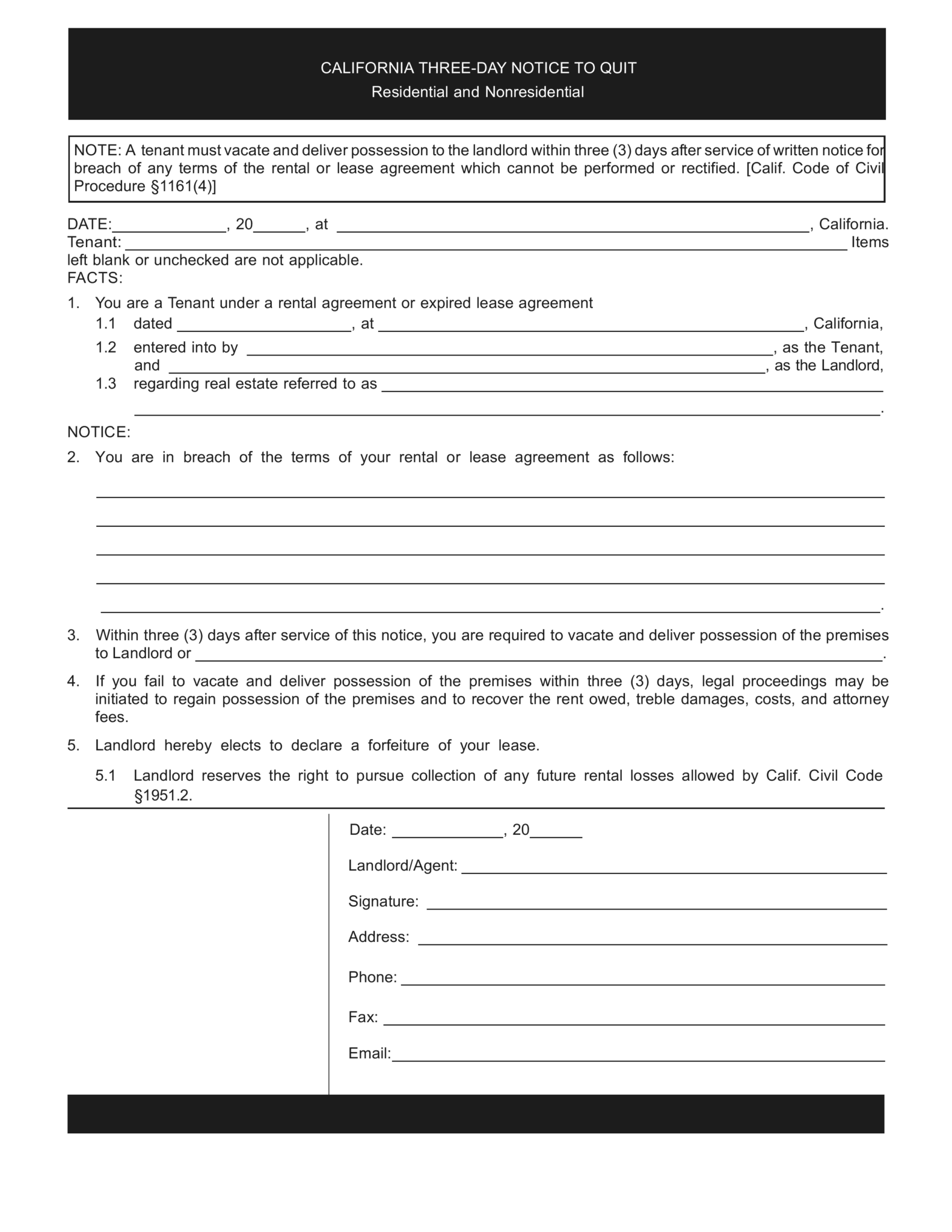 Free California 3 Day Notice to Quit (Incurable) | PDF Download