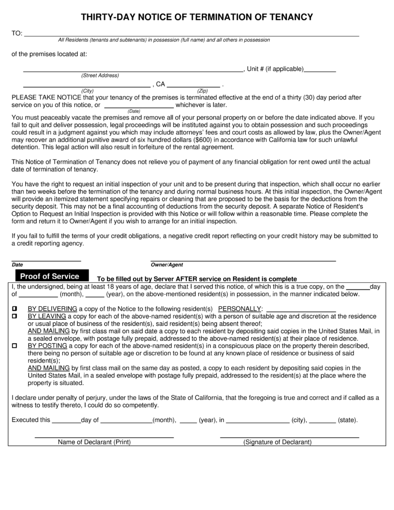 Free California 30 Day Notice of Termination of Tenancy | PDF Download