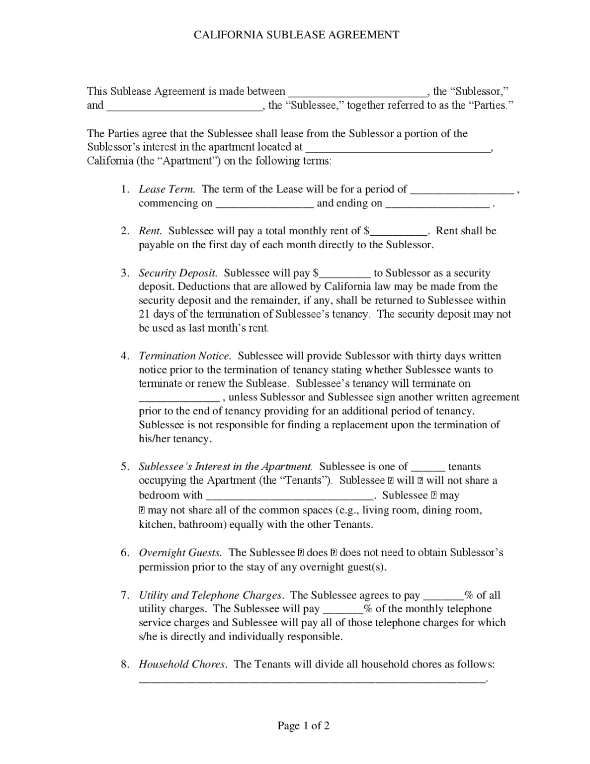 Free California Sublease Agreement PDF Download