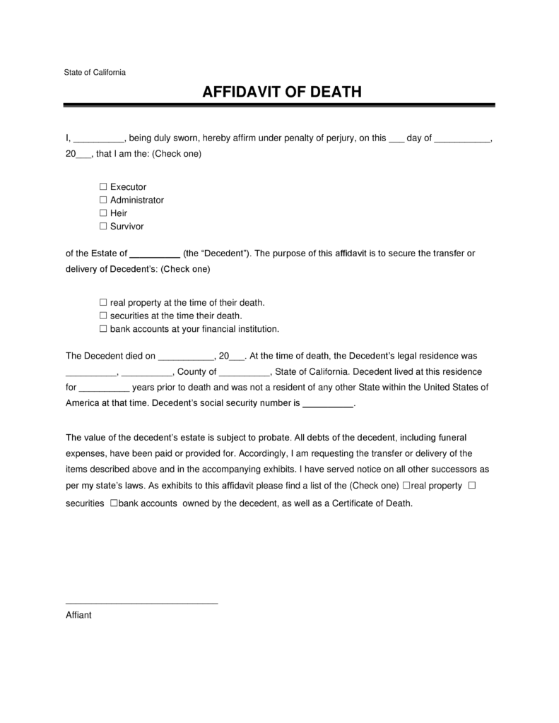 Affidavit Of Death Form California