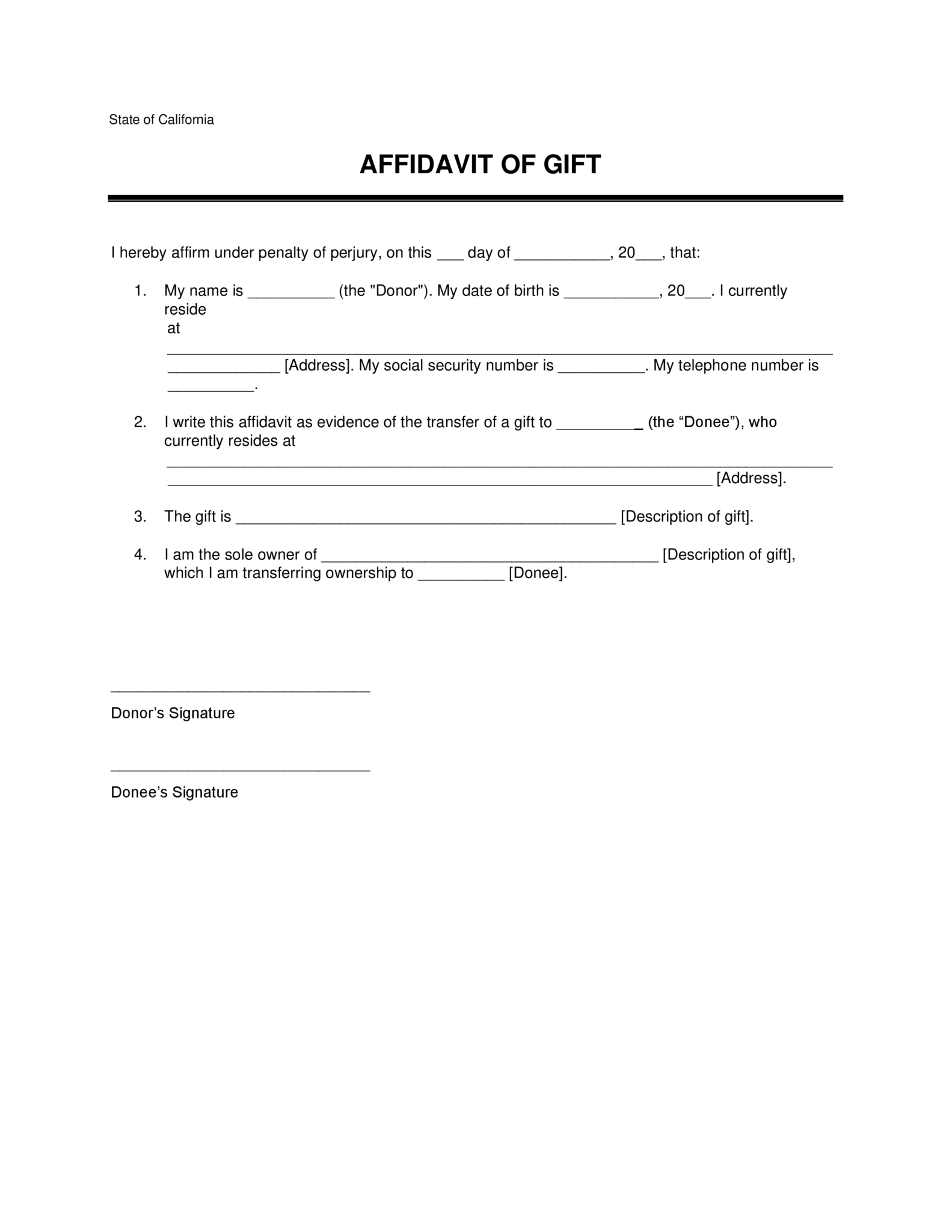 Free California Affidavit Of Gift PDF Template CaliforniaLegalForms Net
