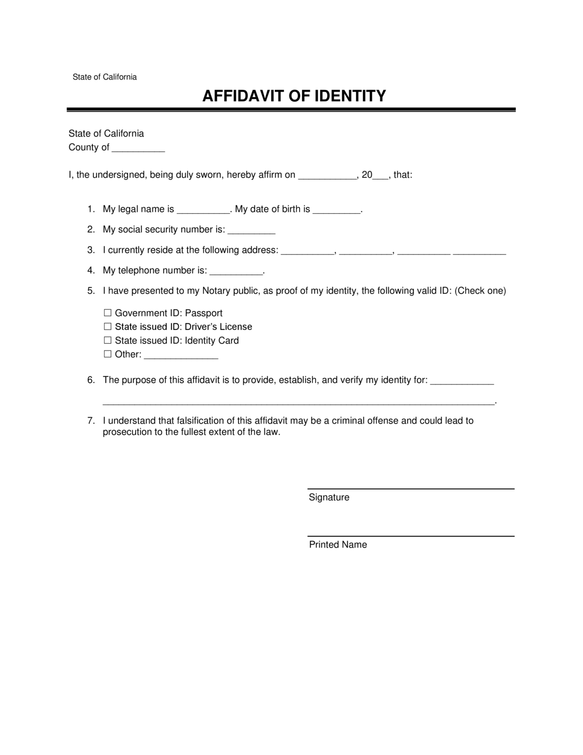 Free California Affidavit of Identity | PDF Download