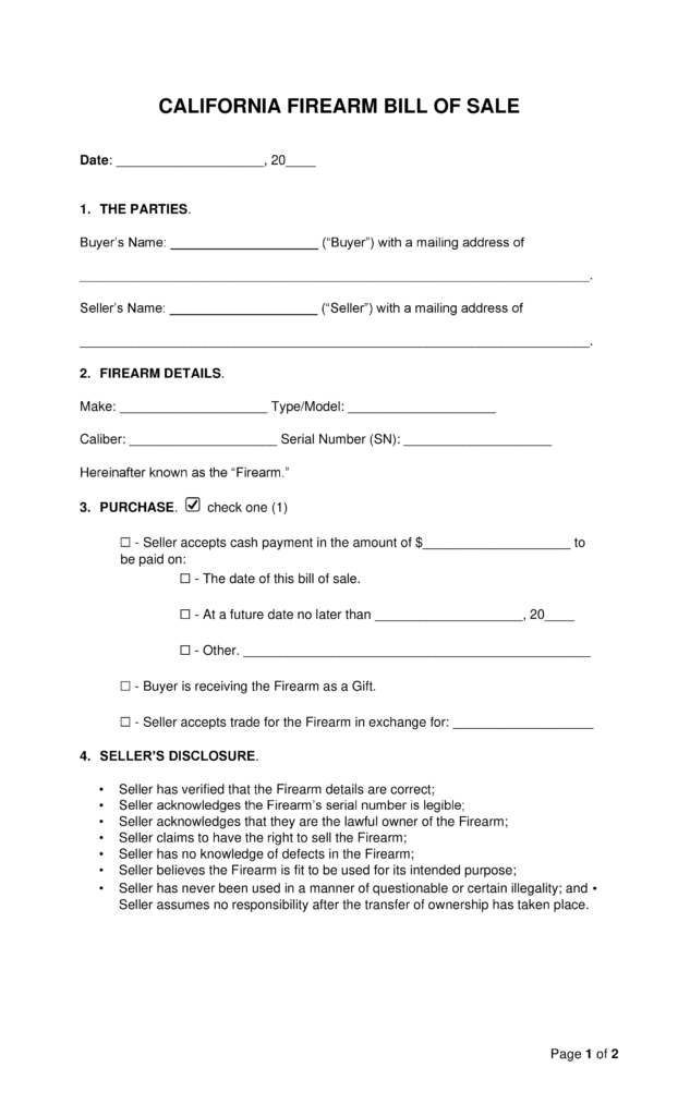 Free California Firearm Bill of Sale PDF Template ...