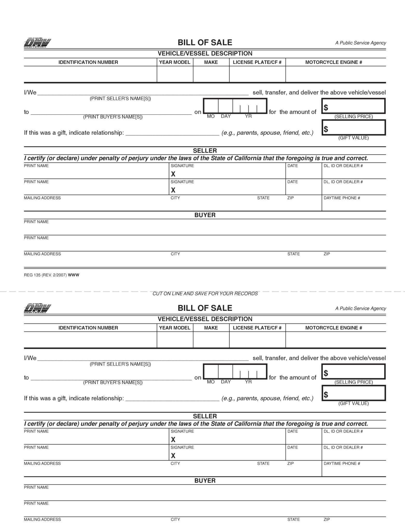 Free California Vehicle Vessel Bill of Sale REG 135 PDF Download